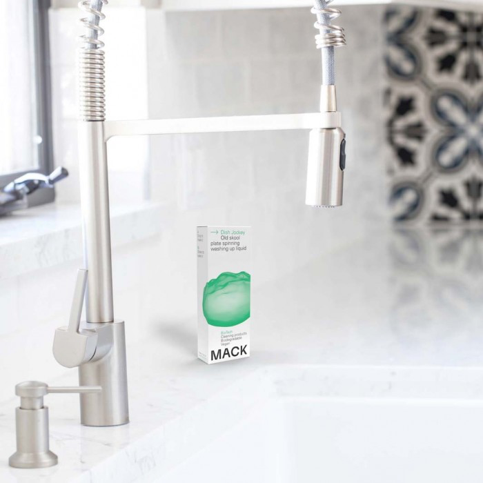 box of Mack bio-pod washing-up liquid next to sink