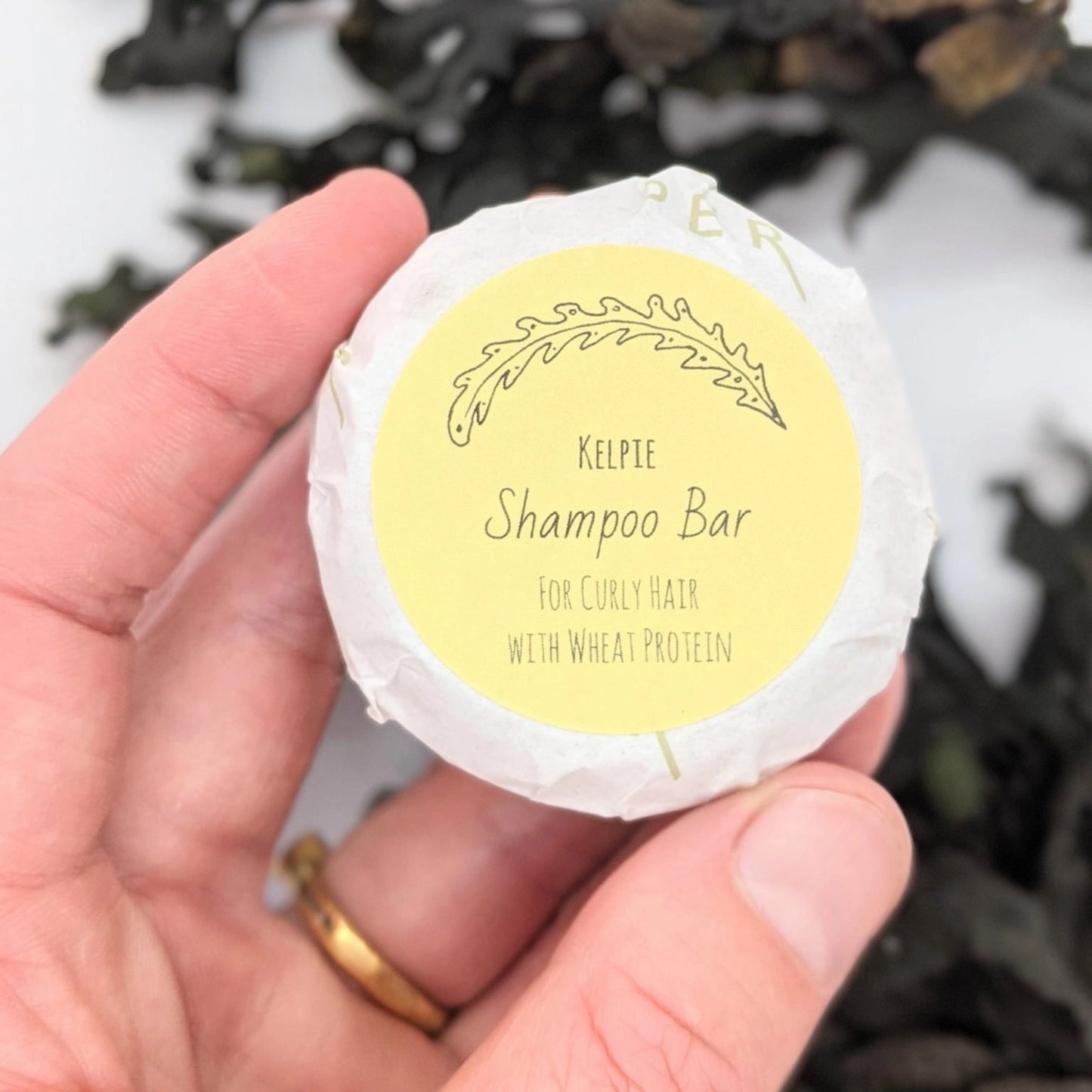 Hand holding solid shampoo bar for curly hair