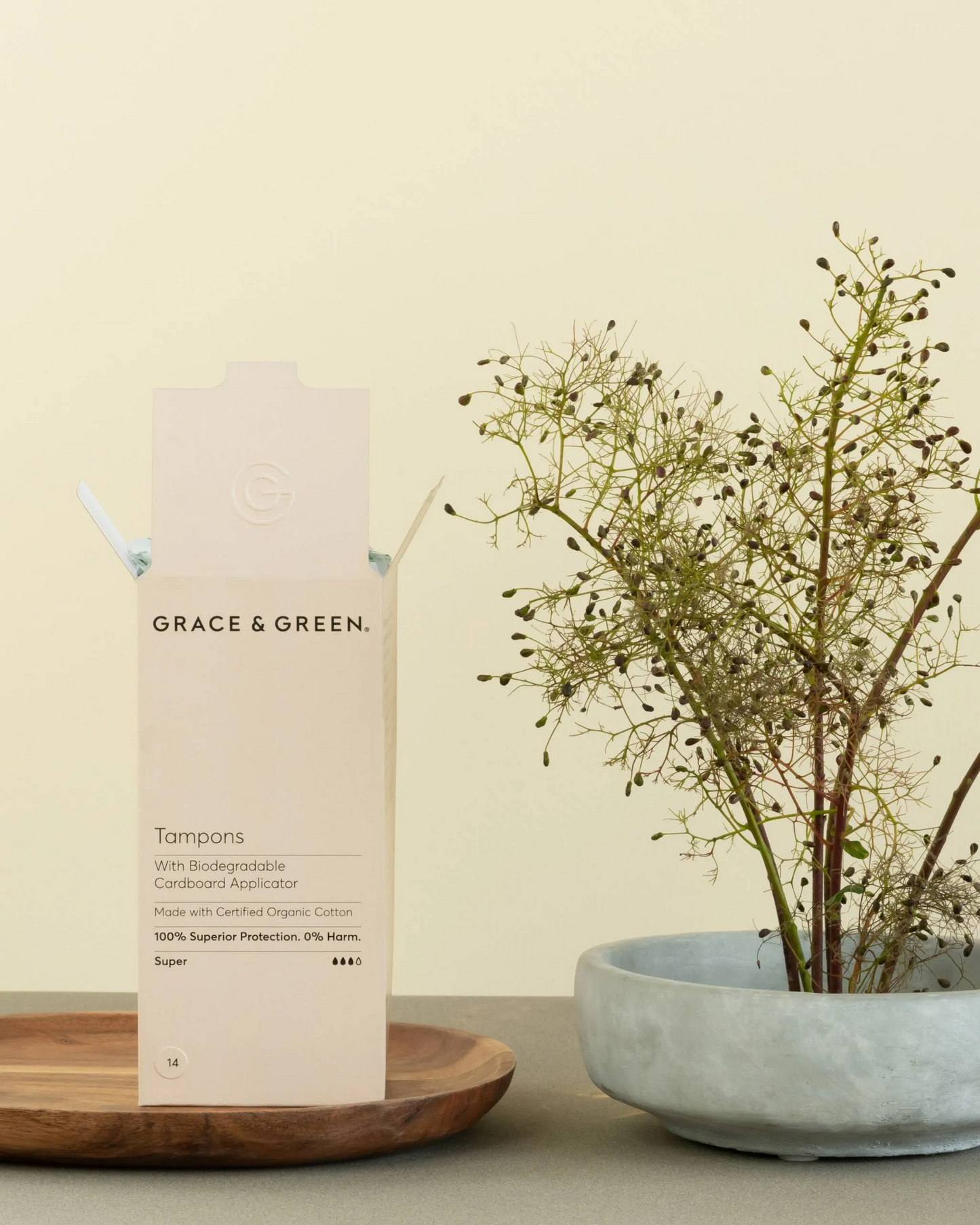 Image of small plant next to open beige box of Super organic applicator tampons