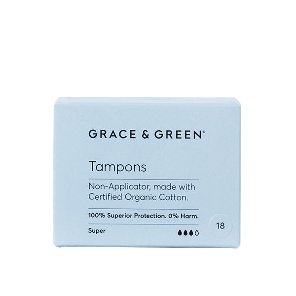 Image of a blue box of Super non-applicator organic cotton tampons
