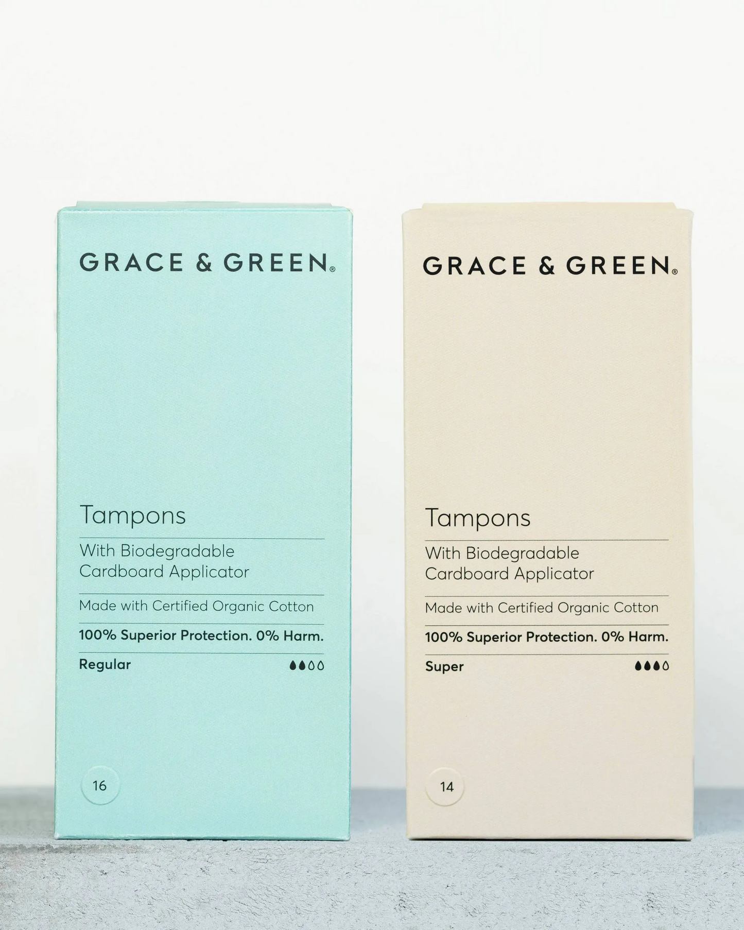 image of 2 boxes of organic applicator tampons in regular and super
