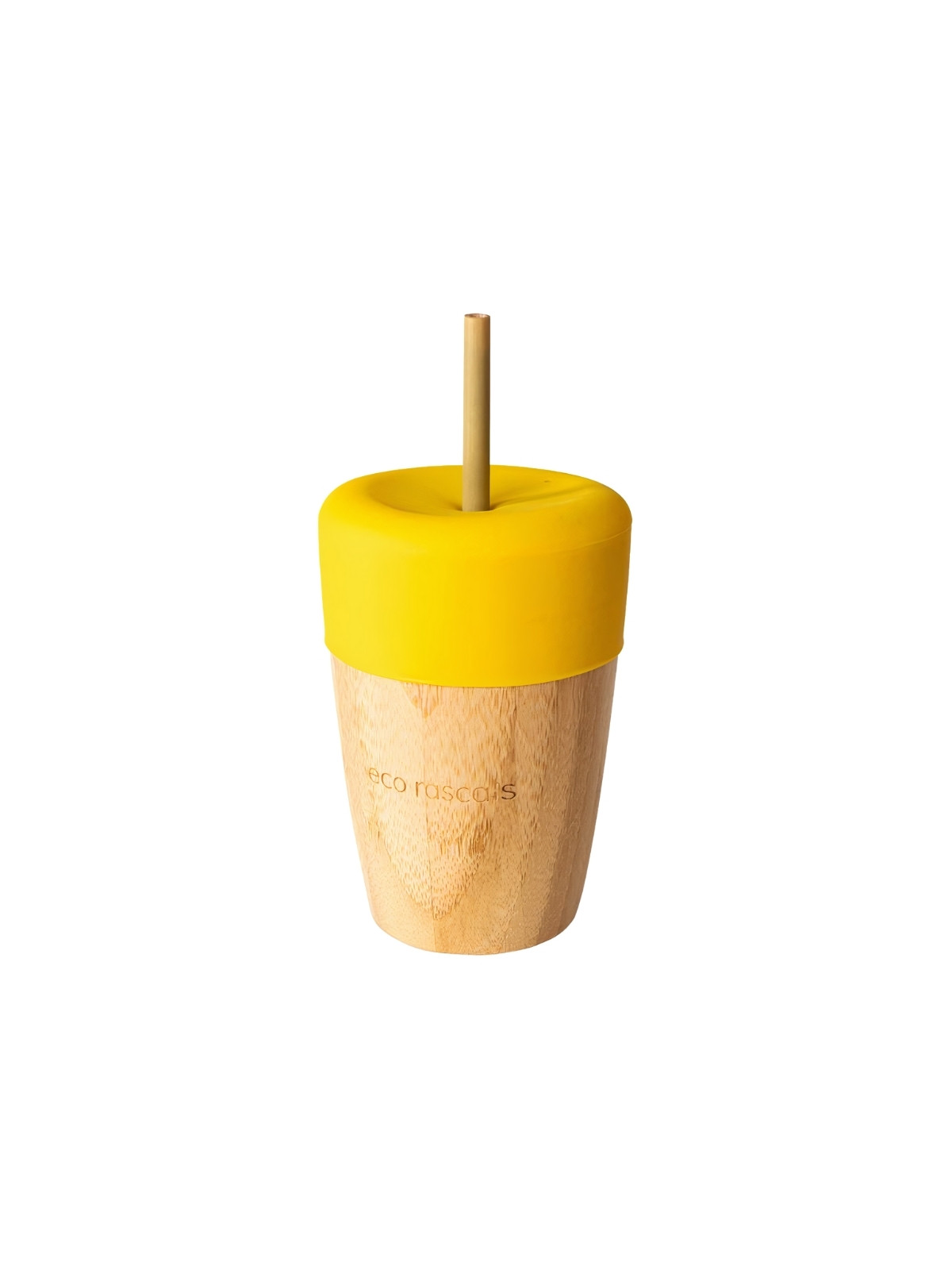 Bamboo baby toddler cup with straw and reusable yellow silicone lid
