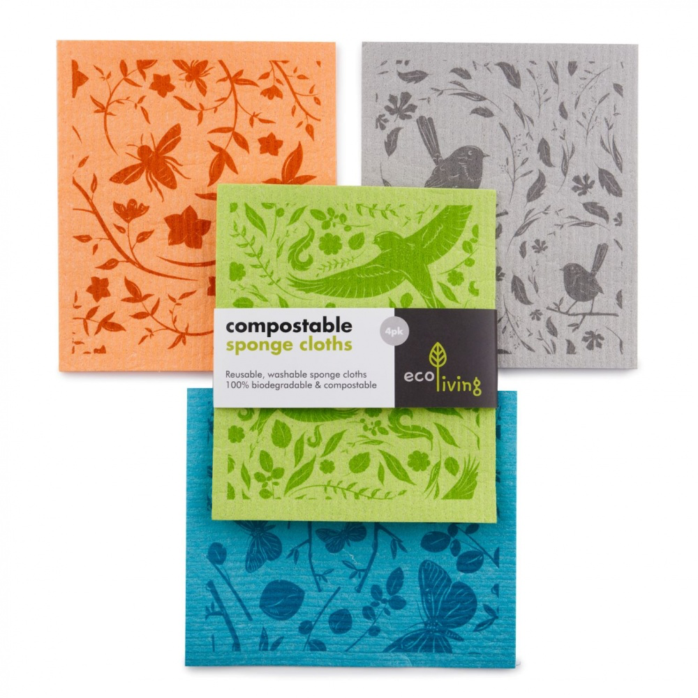 4 compostable cleaning cloths in bright colours with animal print