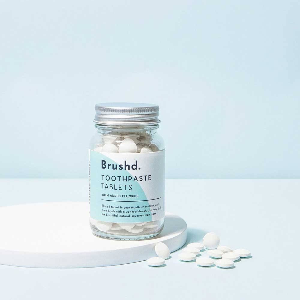 Brushd Toothpaste tablets in glass refillable jar