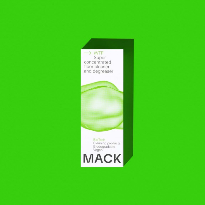 Green background with box of Mack bio-pod floor concentrate cleaner