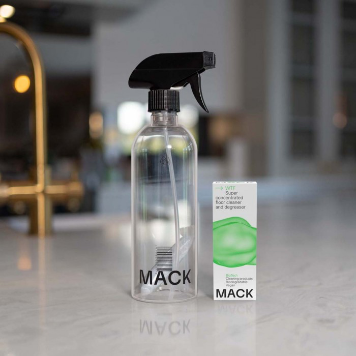 Empty reusable spray bottle with box of Mack bio-pod floor cleaner