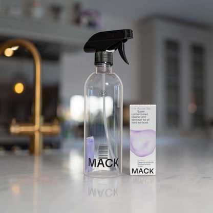 Reusable spray bottle with box of Mack bio-pod sanitiser